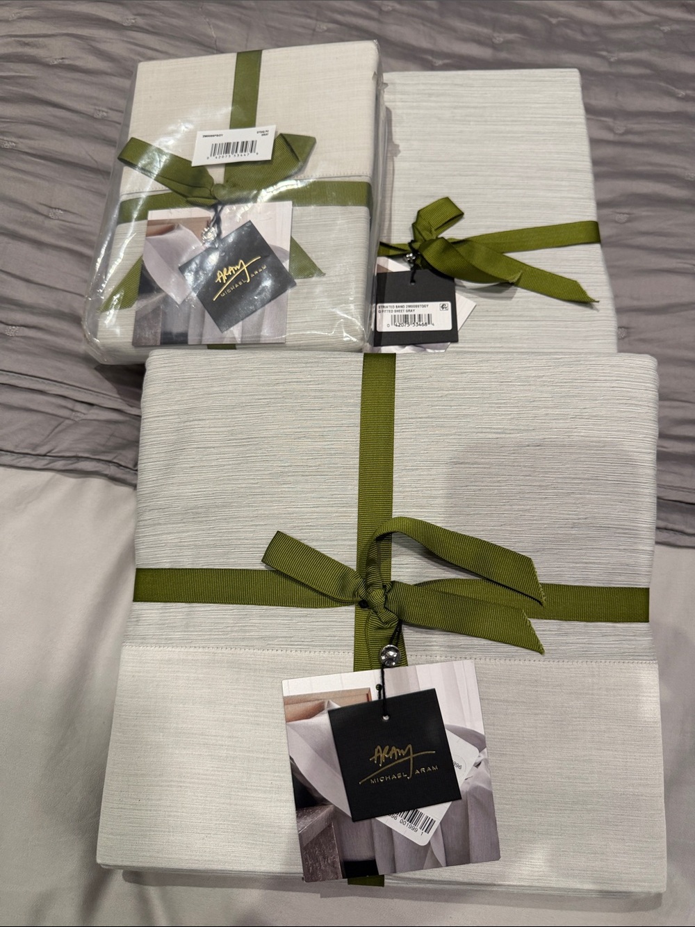Michael Aram Light Gray Bedding Set with Olive Green Ribbon